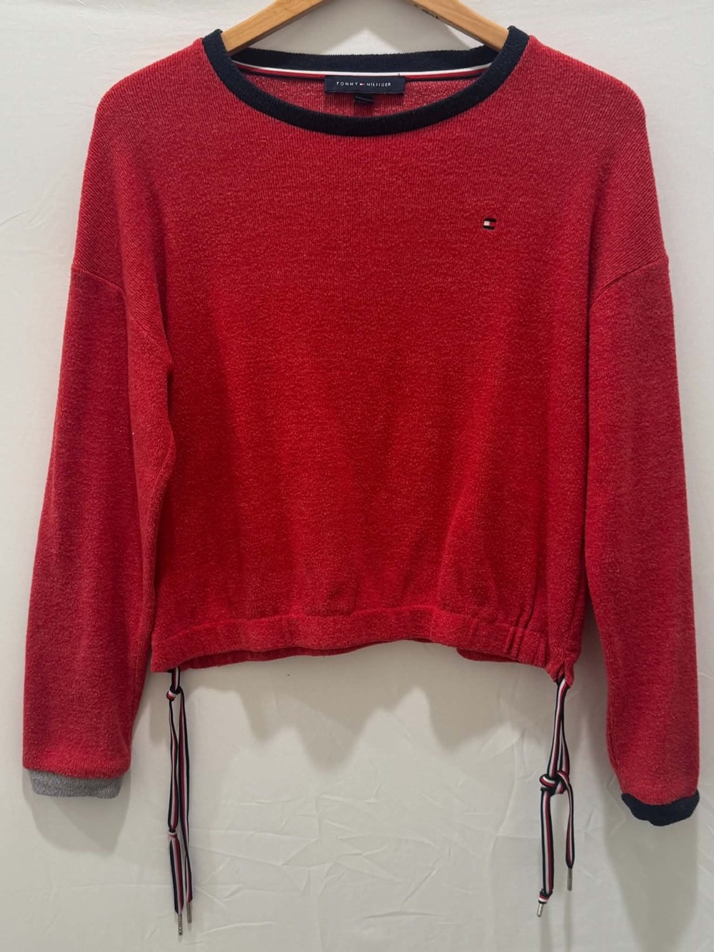 Tommy Hilfiger Red Crewneck Pullover Contrast Trim side string Women Petite S